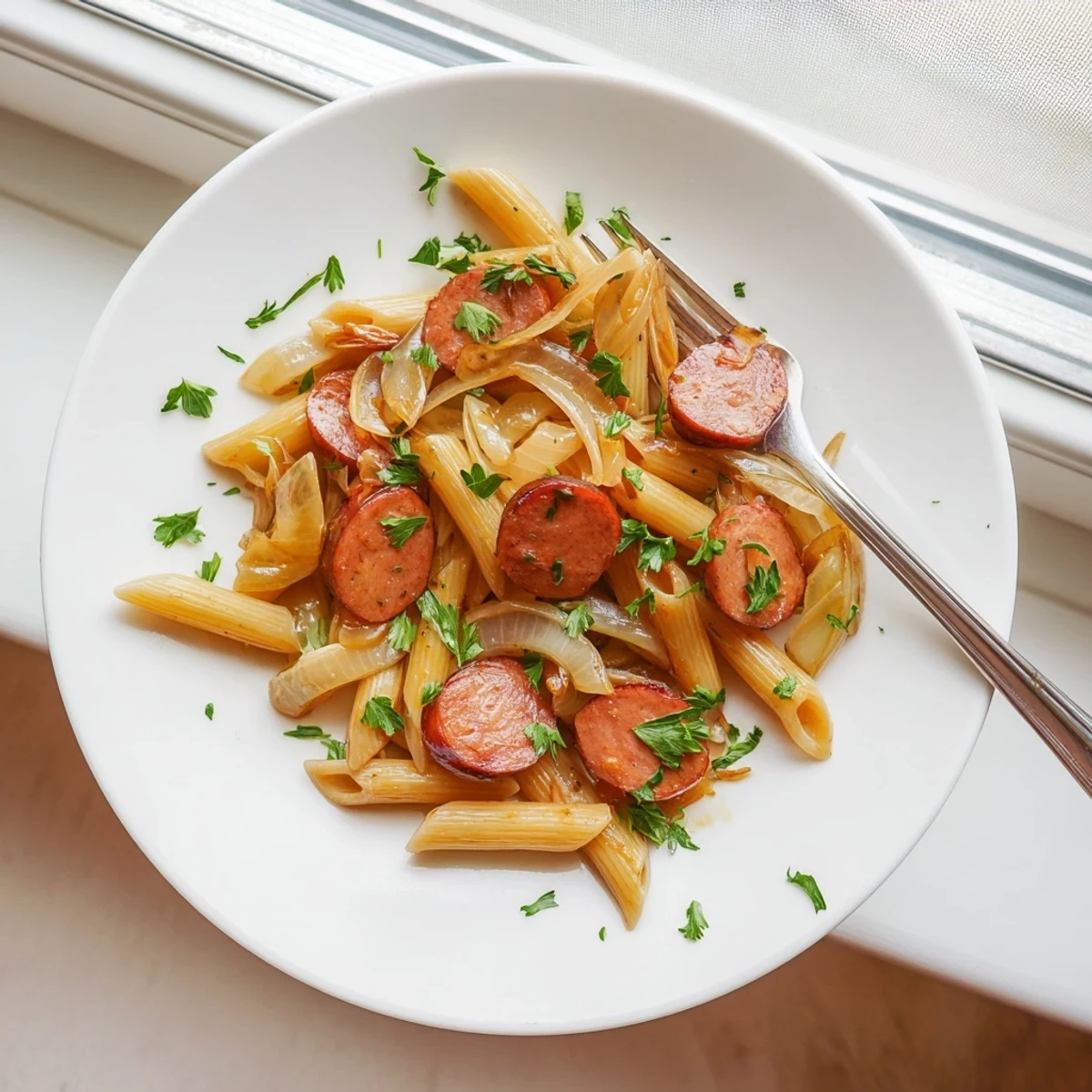 Glasierte Honey Garlic Sausage Pasta mit klebriger Soße in der gusseisernen Pfanne gebraten