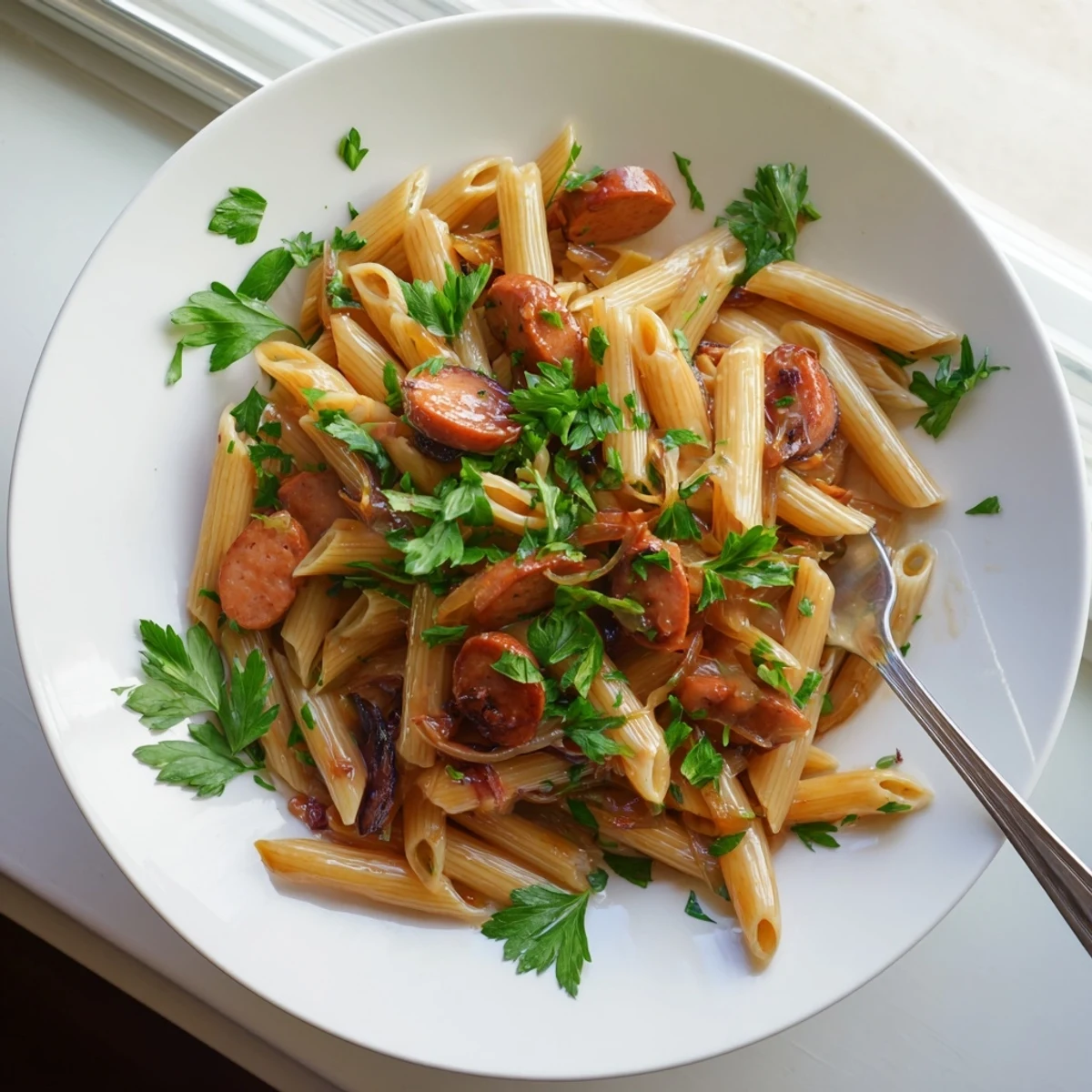 Saftige Wurst-Pasta mit Honig-Knoblauch-Glasur und frischer Petersilie im ONE-POT serviert