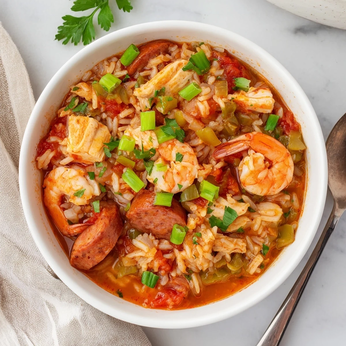 Slow cooker Crock Pot Jambalaya mit Hähnchen, Wurst und Garnelen in der Schüssel serviert