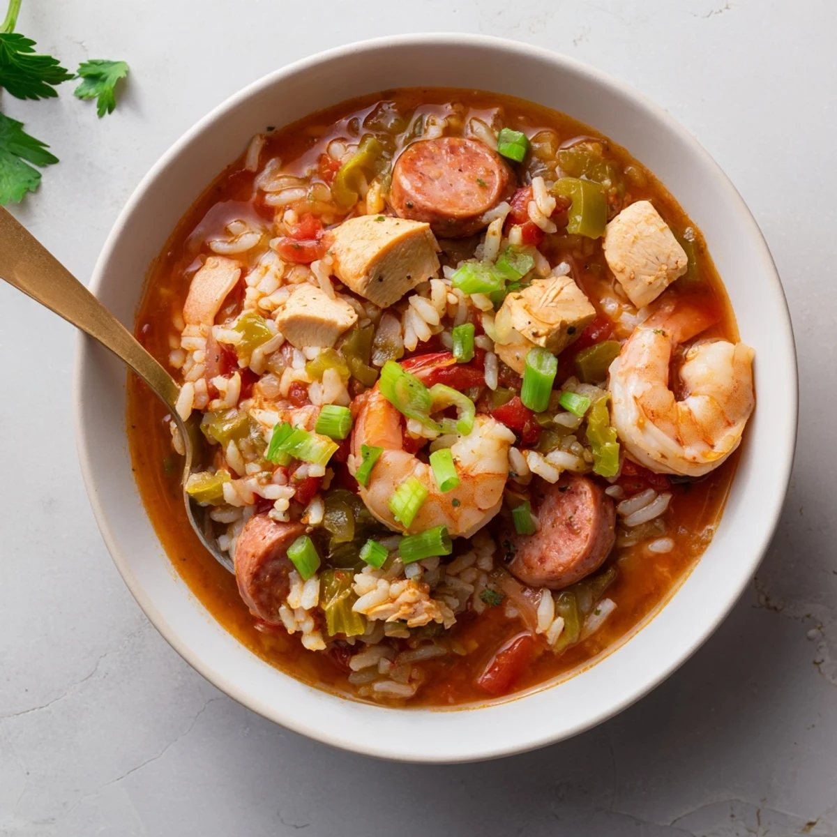 Herzhaftes Crock Pot Jambalaya mit duftendem Reis, Creole-Gewürzen und frischem Petersiliengarnitur
