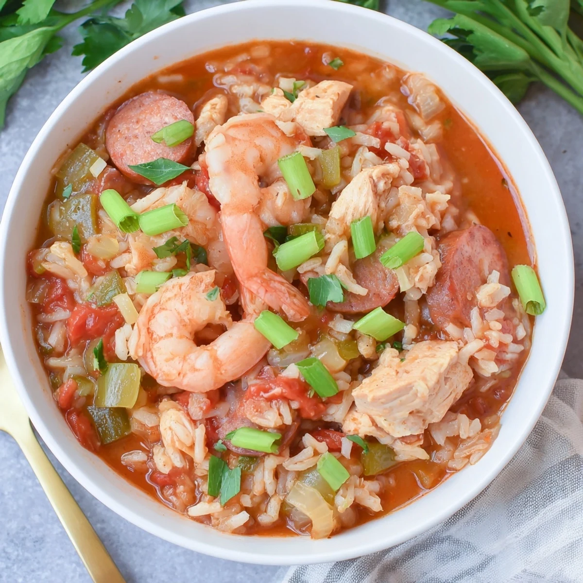 Crock Pot Jambalaya mit zartem Hähnchen und rosa Garnelen, reichlich in der slow cooker Pfanne