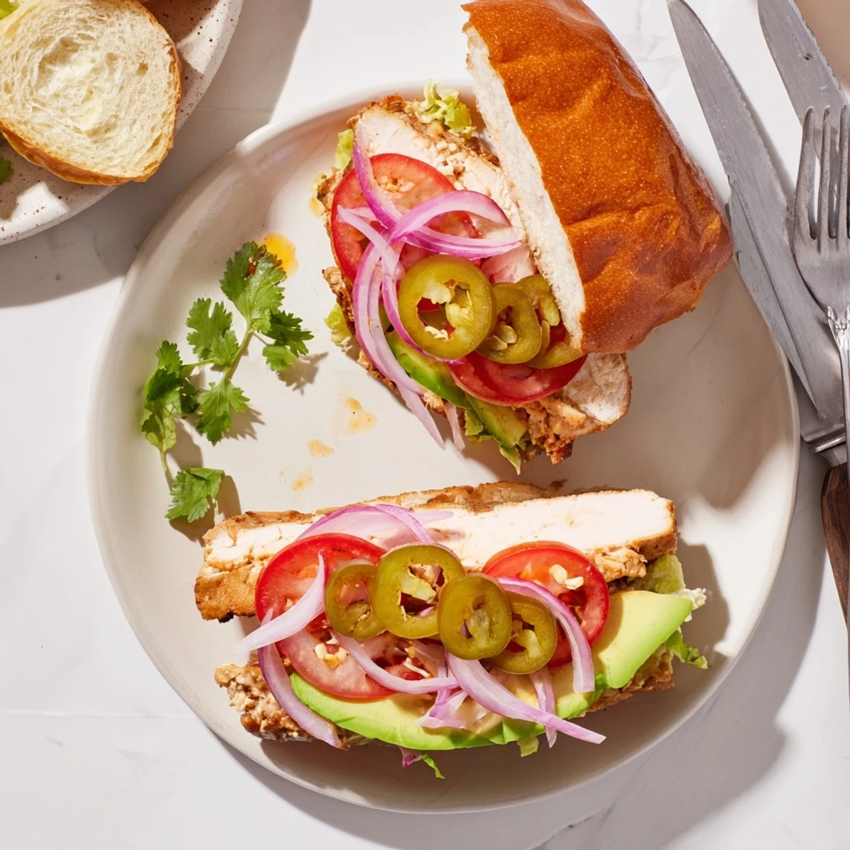 Hearty Mexican chicken torta sandwich featuring marinated grilled chicken with crisp lettuce and onions