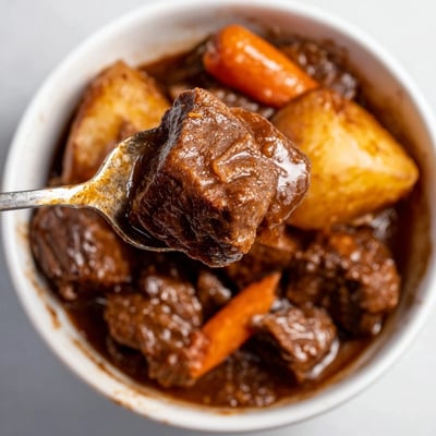 Tender beef and carrot chunks simmered in Slow Cooker Beef Stew with Root Vegetables, garnished with fresh parsley.