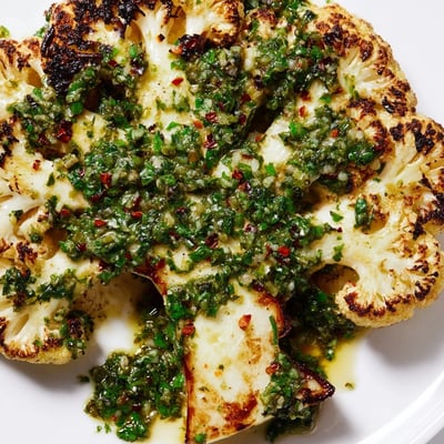 Geröstete Kohlscheiben mit aromatischer Chimichurri, serviert auf rustikalem Holz als Hauptgericht.