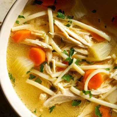 Homemade Noodles aus Eiernudeln in der Chicken Noodle Soup, garniert mit Karotten und Sellerie, stehen bereit zum Servieren.