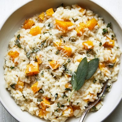 Golden roasted squash folded into Winter Squash Risotto with Sage and Parmesan Cheese. 