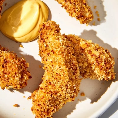 Frisch gebackene Crispy Baked Chicken Tenders mit goldbrauner Semmelbrösel-Kruste und cremigem Dip, perfekt für ein Family-Dinner.