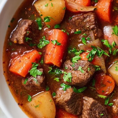 Slow Cooker Beef Stew with Potatoes and Carrots served steaming in a rustic bowl, ready to be enjoyed with crusty bread for dinner.