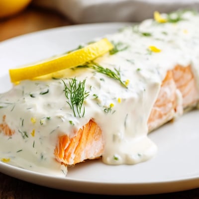 Ein Ofenfrischer Lachs mit Baked Salmon with Creamy Dill and Lemon Sauce, cremig glänzend, bereit für die Abendmahlzeit