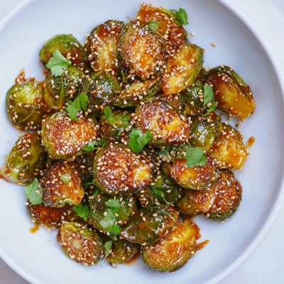 Scharfe Honig-Sriracha-Brüsseler Sprouts garniert mit Sesam und frischen Kräutern.