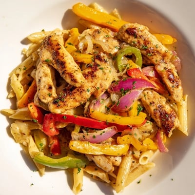 Tender Cajun-spiced chicken and pasta tossed with sautéed peppers in a rich, cheesy sauce.