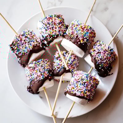 Frisch getauchte, flauschige Schokoladen getränkte Marshmallows mit Streuseln auf einem Dessertteller.