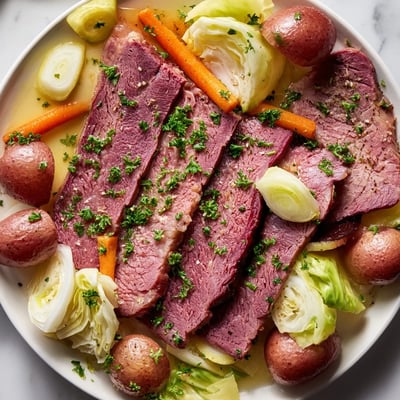 Hearty Corned Beef Pot Roast with Vegetables simmered in a pot with carrots and potatoes ready to serve.