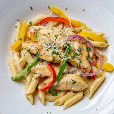 Cajun Chicken Pasta with Bell Peppers served on a white plate beside a glass of iced tea