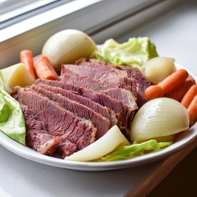 Tender Corned Beef Pot Roast with Vegetables on a serving platter, sliced brisket with cabbage and parsnips, horseradish sauce nearby.