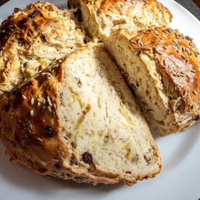 Frisch gebackenes Irish Soda Bread with Caraway Seeds, bestrichen mit geschmolzener Butter und traditionellem Kreuzschnitt auf der Oberseite.