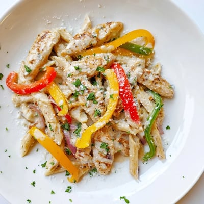 A skillet of Cajun Chicken Pasta with Peppers beside a glass of white wine on a rustic table.